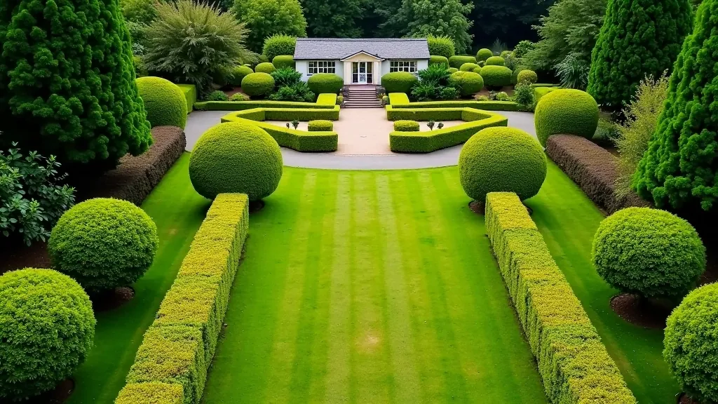 Expansive view of manicured garden sections with multiple areas visible, showing scope and layout of grounds