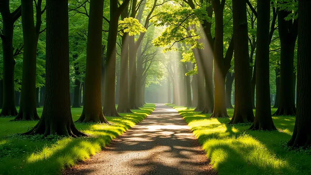 Winding forest path bordered by tall trees with dappled sunlight, peaceful woodland atmosphere