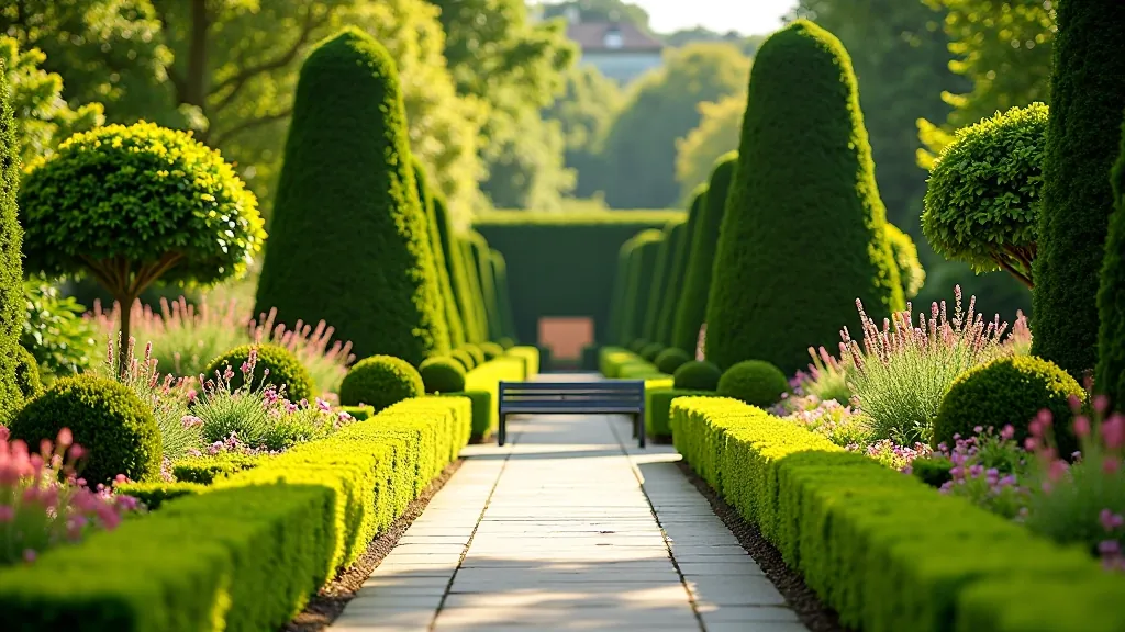 Formal botanical garden with manicured hedges, flowering beds, and stone pathways in afternoon sunlight