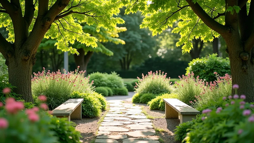 Stone benches and seating areas nestled among flowering gardens with shade from mature trees