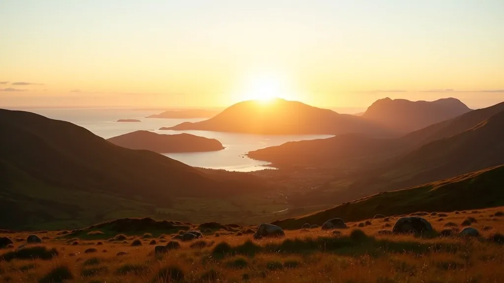 Mountain panorama at sunset, golden light across rolling hills and distant water, clear sky, wide landscape vista