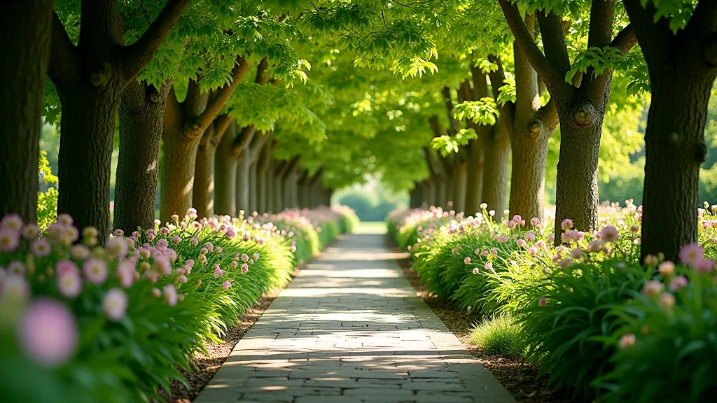 Winding garden pathway lined with flowering borders and mature trees creating dappled shade