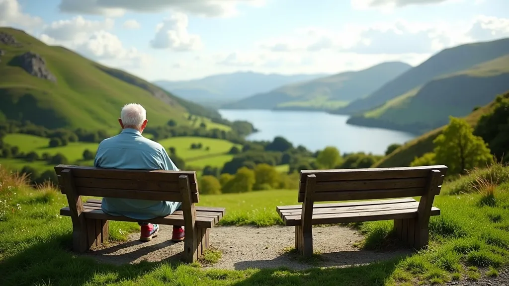 Scenic overlook with multiple cars parked and visitors enjoying views across green hills and water