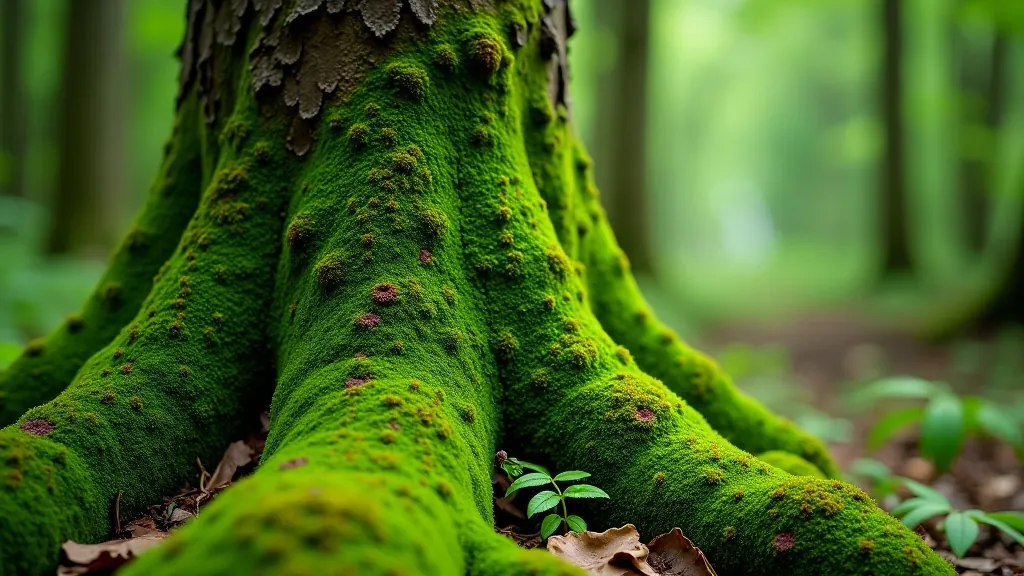Close-up of moss-covered tree trunk with detailed texture and small ferns growing at base