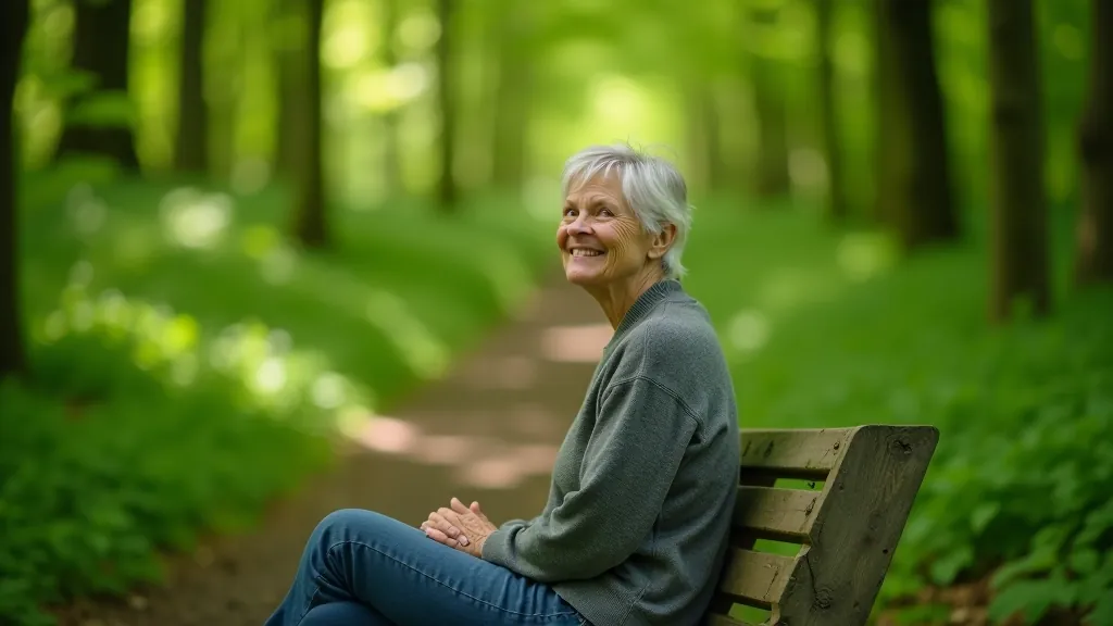 Person sitting peacefully on wooden bench in forest clearing, surrounded by green vegetation and natural light