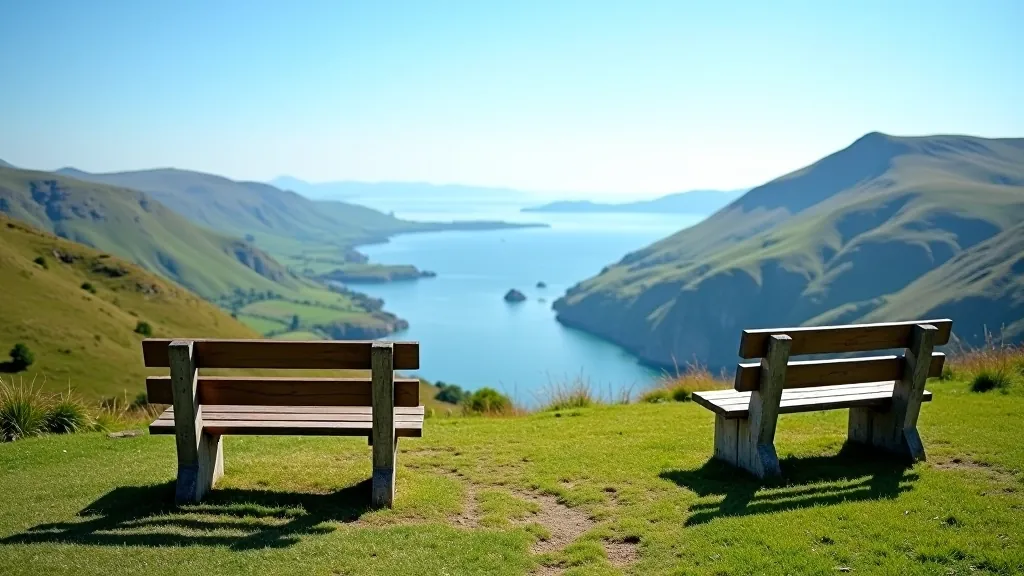 Wooden benches facing mountain valley vista with lake visible in distant landscape under blue sky
