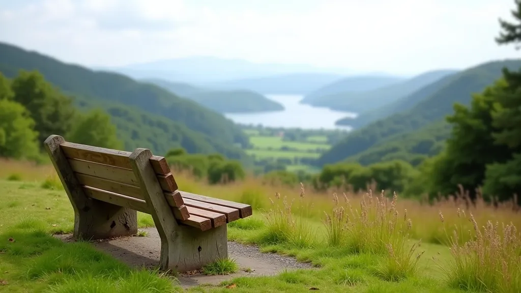 Wooden viewing bench on hillside with scenic outlook and rest facilities