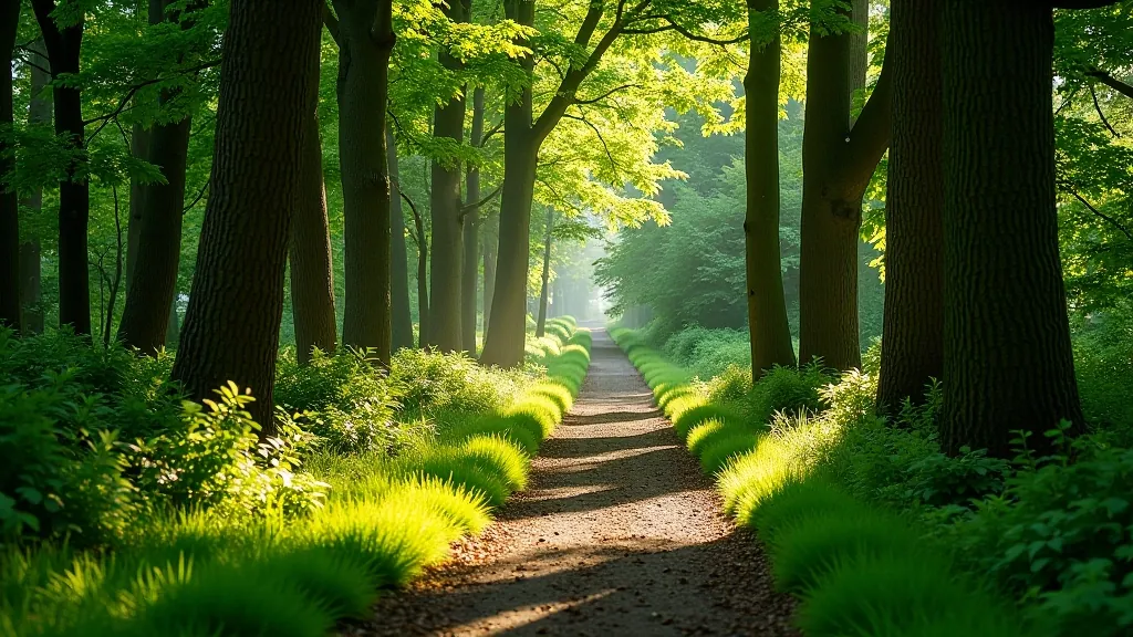 Woodland nature trail with mature trees creating peaceful forest environment